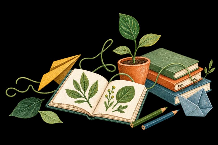 Ilustração em guache: um livro aberto com folhas prensadas, uma muda num vaso de barro, livros empilhados, lápis e um barquinho de papel
